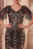 Load image into Gallery viewer, Tight Apricot Sparkly Sequin Beaded V-Neck Midi 1920s Dress with Fringes