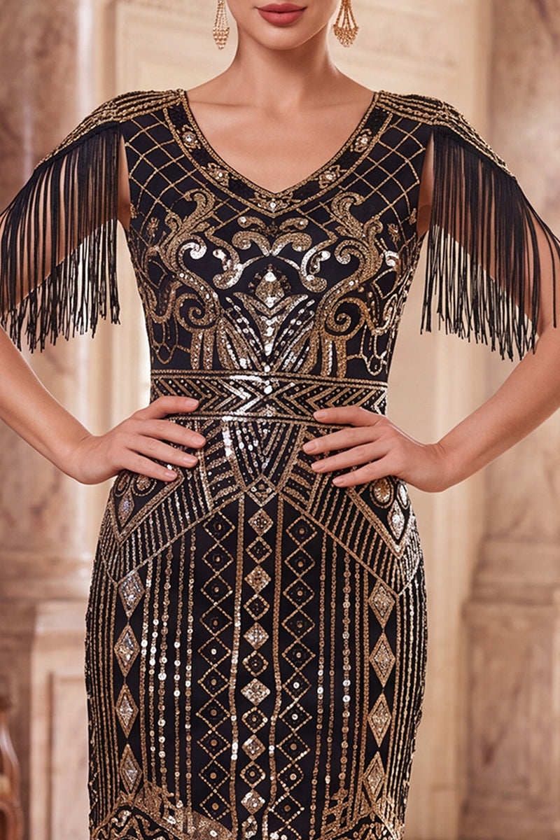 Load image into Gallery viewer, Tight Apricot Sparkly Sequin Beaded V-Neck Midi 1920s Dress with Fringes