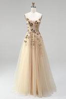 Load image into Gallery viewer, Sparkly Floral Champagne A Line Corset Beaded Long Prom Dress with Sequins