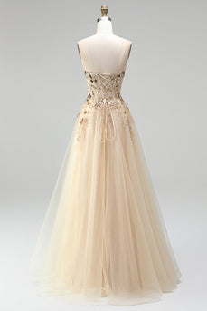 Sparkly Floral Champagne A Line Corset Beaded Long Prom Dress with Sequins