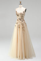 Load image into Gallery viewer, Sparkly Floral Champagne A Line Corset Beaded Long Prom Dress with Sequins