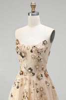 Load image into Gallery viewer, Sparkly Floral Champagne A Line Corset Beaded Long Prom Dress with Sequins