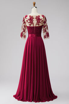 Burgundy A Line Bateau Neck Beaded Long Mother of the Bride Dress with Bow