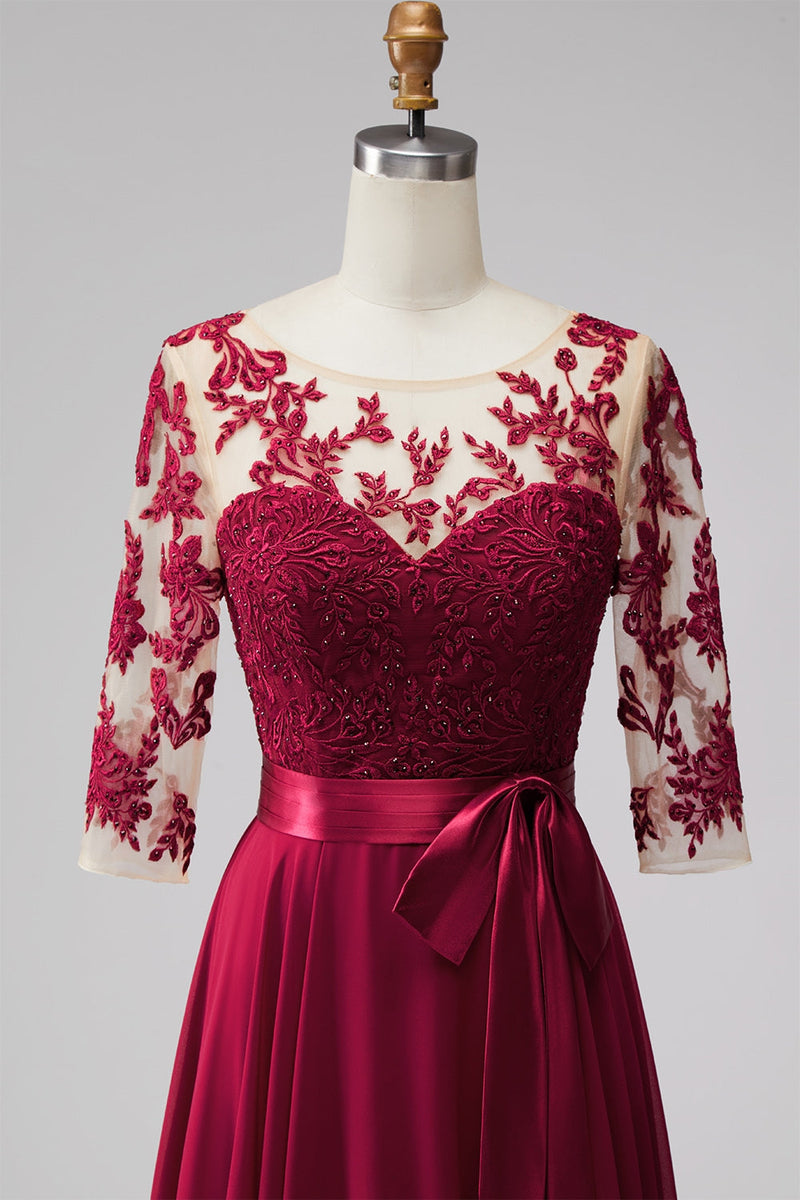 Load image into Gallery viewer, Burgundy A Line Bateau Neck Beaded Long Mother of the Bride Dress with Bow