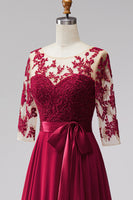 Load image into Gallery viewer, Burgundy A Line Bateau Neck Beaded Long Mother of the Bride Dress with Bow