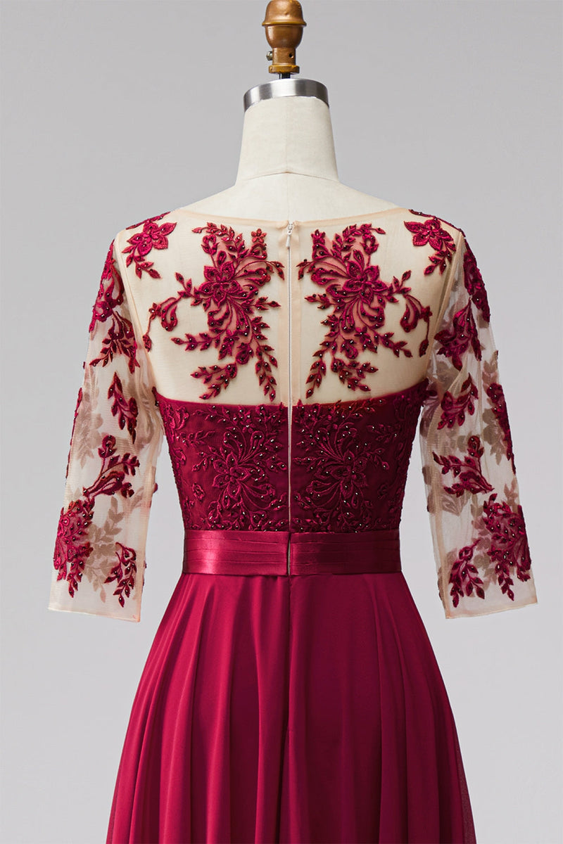 Load image into Gallery viewer, Burgundy A Line Bateau Neck Beaded Long Mother of the Bride Dress with Bow