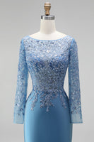 Load image into Gallery viewer, Sparkly Slate Blue Floral Mermaid Satin Long Sleeves Mother of the Bride Dress with Beading