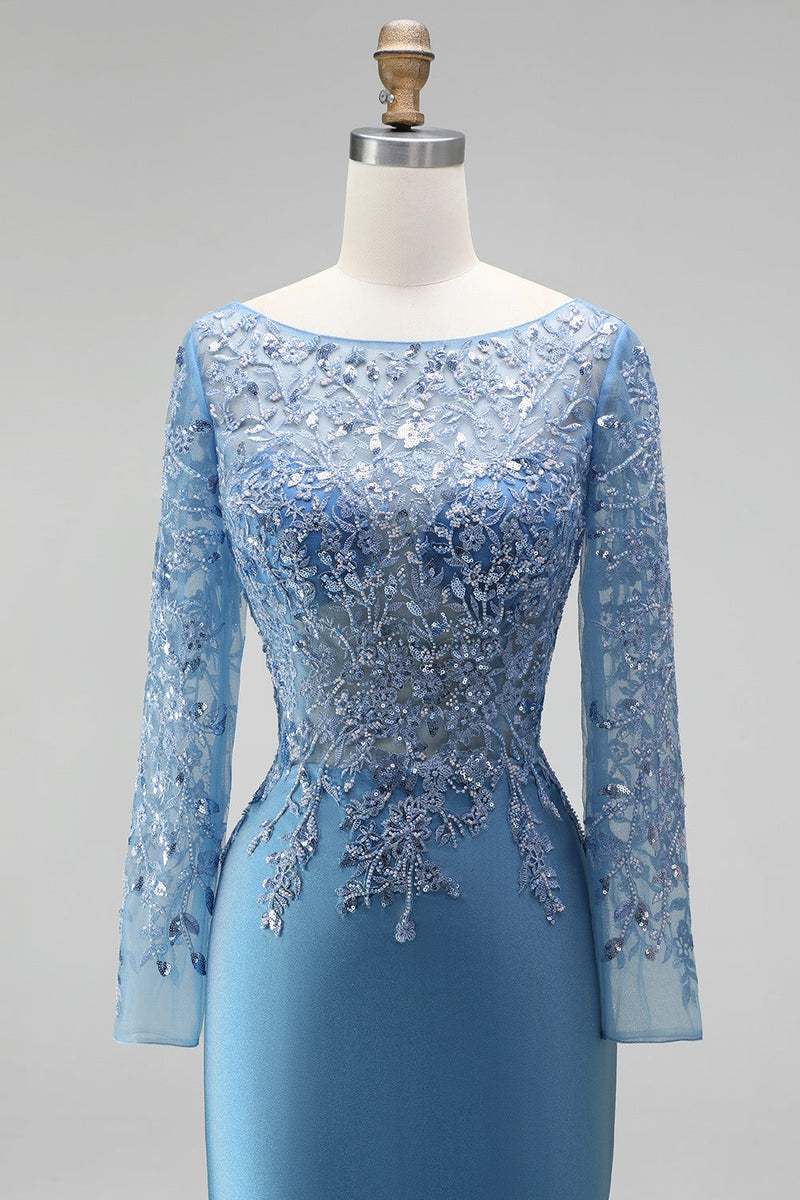 Load image into Gallery viewer, Sparkly Slate Blue Floral Mermaid Satin Long Sleeves Mother of the Bride Dress with Beading