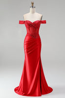 Load image into Gallery viewer, Red Sparkly Beaded Corset Floral Mermaid Ruched Long Prom Dress with Slit