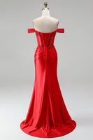 Load image into Gallery viewer, Red Sparkly Beaded Corset Floral Mermaid Ruched Long Prom Dress with Slit