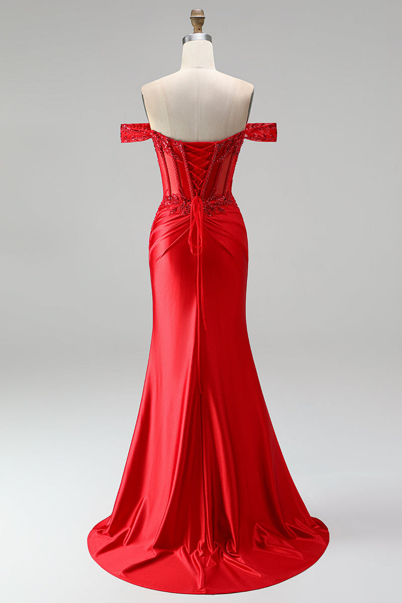 Load image into Gallery viewer, Red Sparkly Beaded Corset Floral Mermaid Ruched Long Prom Dress with Slit