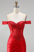 Load image into Gallery viewer, Red Sparkly Beaded Corset Floral Mermaid Ruched Long Prom Dress with Slit