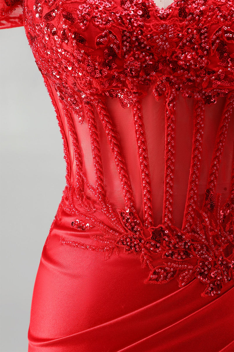 Load image into Gallery viewer, Red Sparkly Beaded Corset Floral Mermaid Ruched Long Prom Dress with Slit