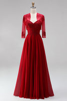 Load image into Gallery viewer, Red 2 Piece A Line Embroidered Sparkly Beaded Long Prom Dress with Jacket