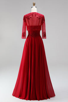 Red 2 Piece A Line Embroidered Sparkly Beaded Long Prom Dress with Jacket