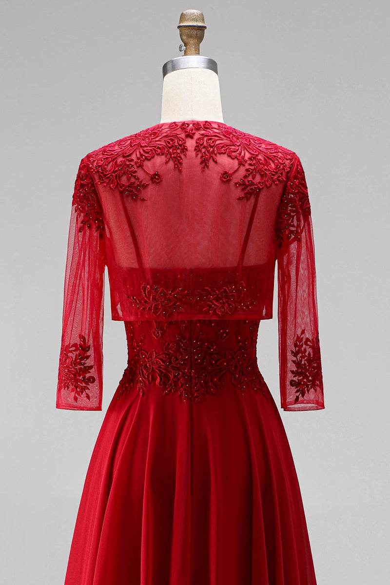 Load image into Gallery viewer, Red 2 Piece A Line Embroidered Sparkly Beaded Long Prom Dress with Jacket