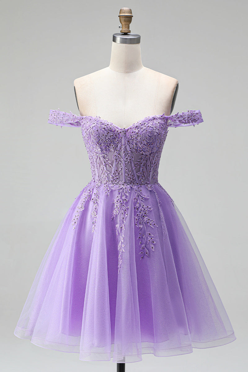 Load image into Gallery viewer, Sparkly Light Plum A Line Corset Floral Beaded Short Birthday Dress