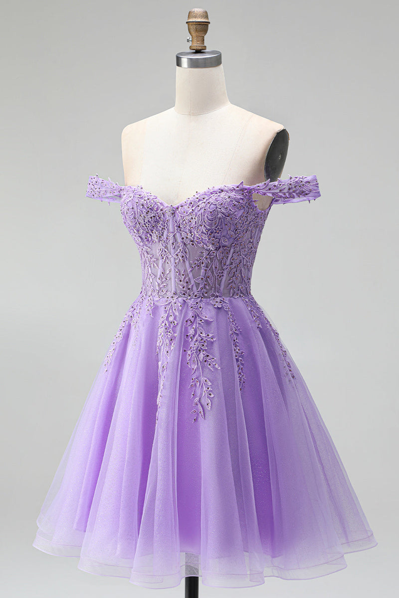 Load image into Gallery viewer, Sparkly Light Plum A Line Corset Floral Beaded Short Birthday Dress