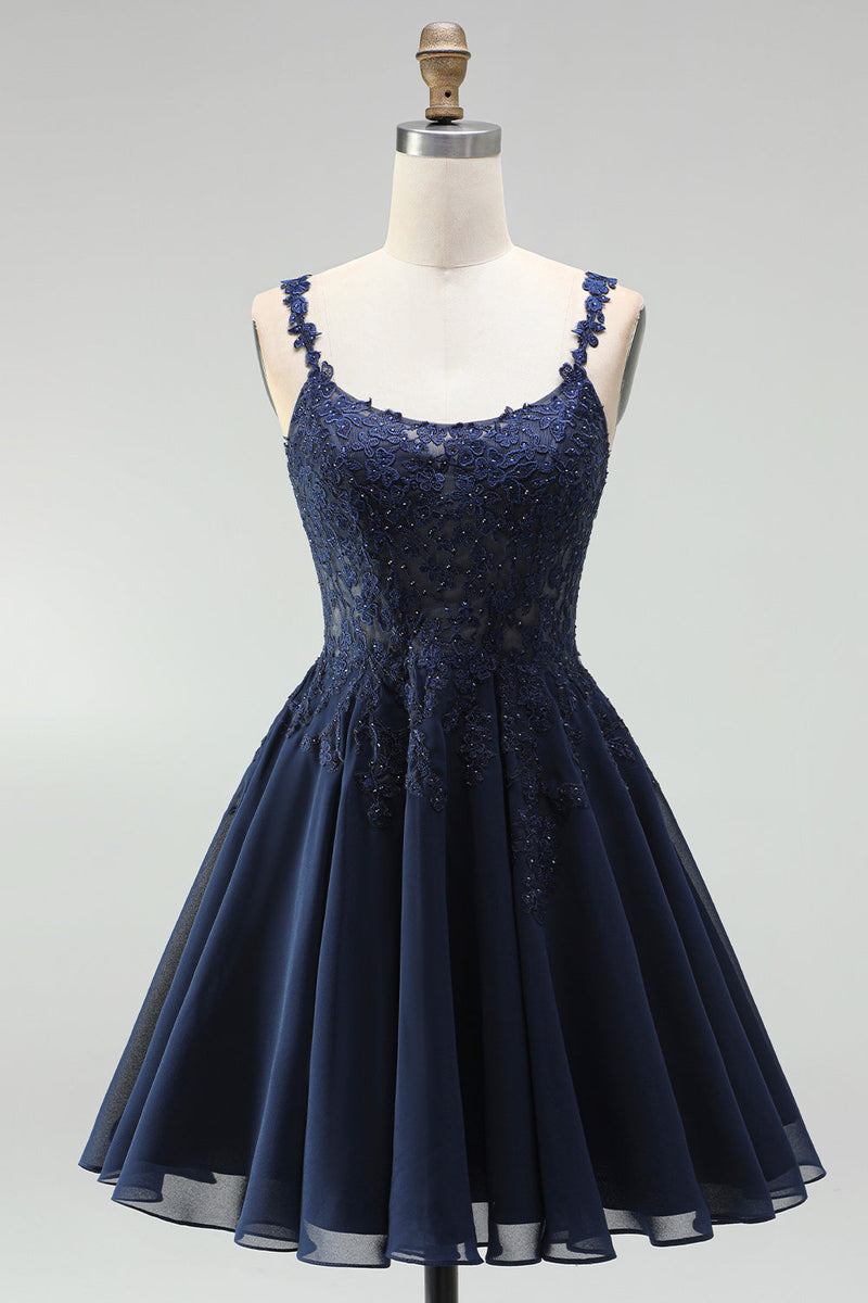 Load image into Gallery viewer, Navy Sparkly Beaded A-Line Short Floral Cocktail Dress