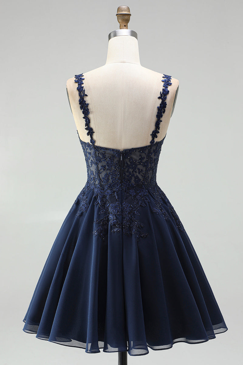 Load image into Gallery viewer, Navy Sparkly Beaded A-Line Short Floral Cocktail Dress