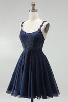 Load image into Gallery viewer, Navy Sparkly Beaded A-Line Short Floral Cocktail Dress
