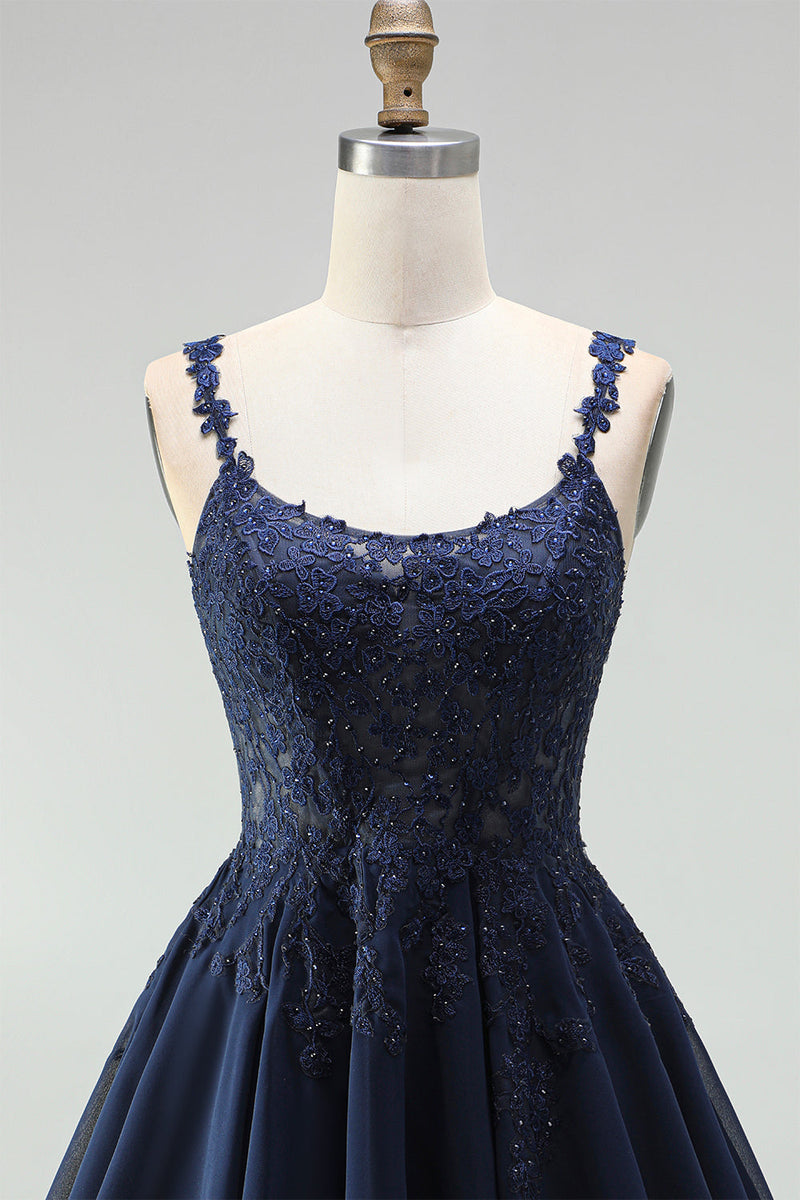 Load image into Gallery viewer, Navy Sparkly Beaded A-Line Short Floral Cocktail Dress
