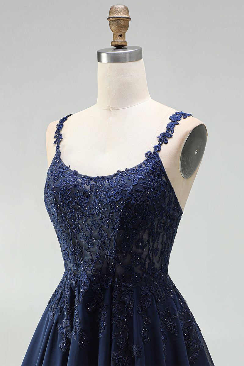 Load image into Gallery viewer, Navy Sparkly Beaded A-Line Short Floral Cocktail Dress