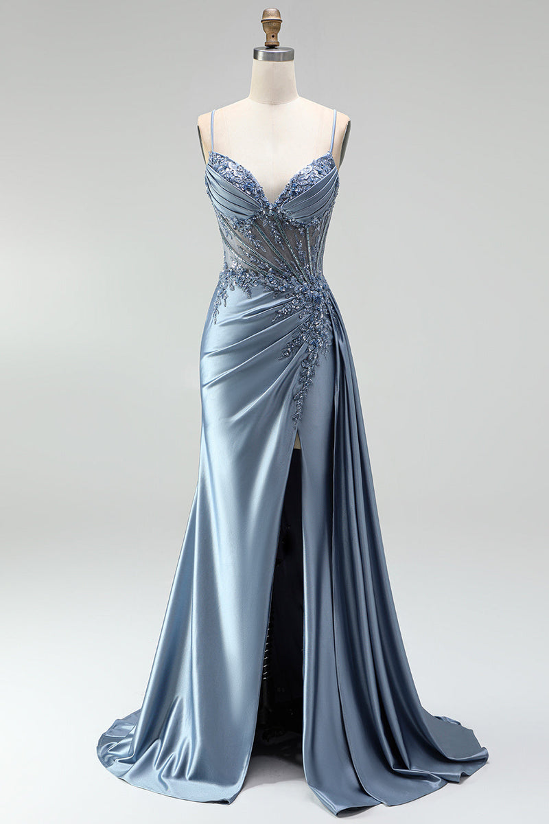 Load image into Gallery viewer, Sparkly Grey Blue Mermaid Corset Ruched Long Prom Dress with Side Cape