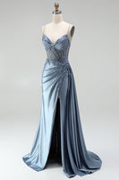 Load image into Gallery viewer, Sparkly Grey Blue Mermaid Corset Ruched Long Prom Dress with Side Cape