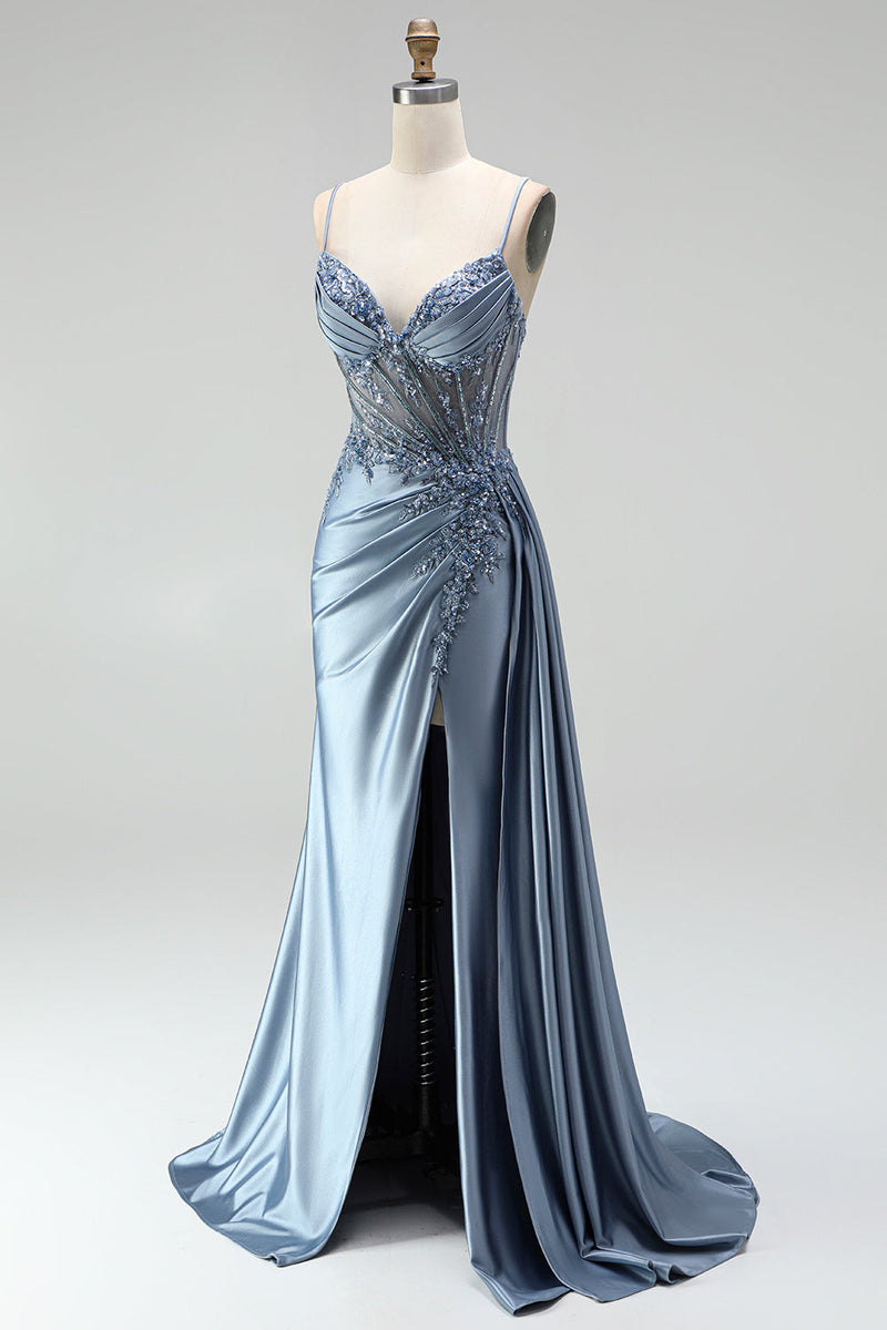 Load image into Gallery viewer, Sparkly Grey Blue Mermaid Corset Ruched Long Prom Dress with Side Cape