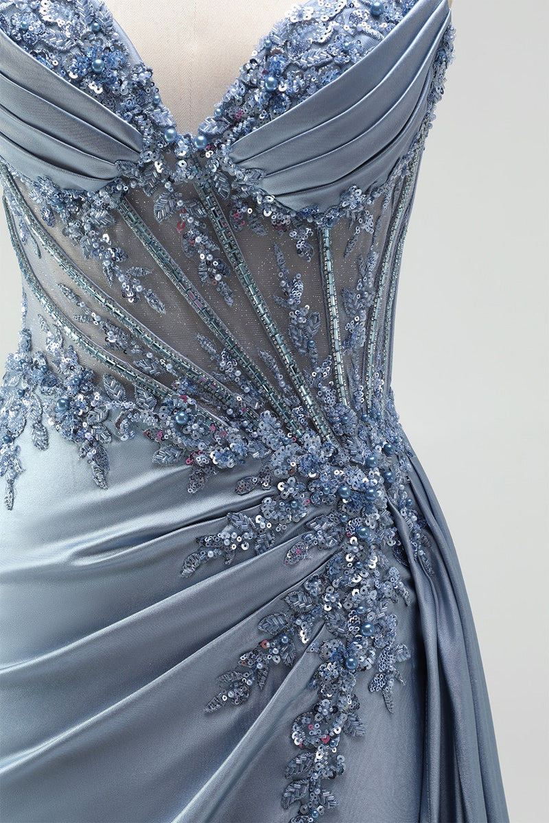 Load image into Gallery viewer, Sparkly Grey Blue Mermaid Corset Ruched Long Prom Dress with Side Cape