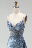 Load image into Gallery viewer, Sparkly Grey Blue Mermaid Corset Ruched Long Prom Dress with Side Cape