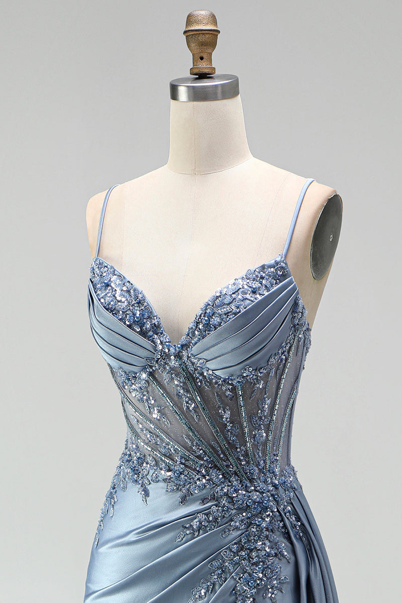 Load image into Gallery viewer, Sparkly Grey Blue Mermaid Corset Ruched Long Prom Dress with Side Cape