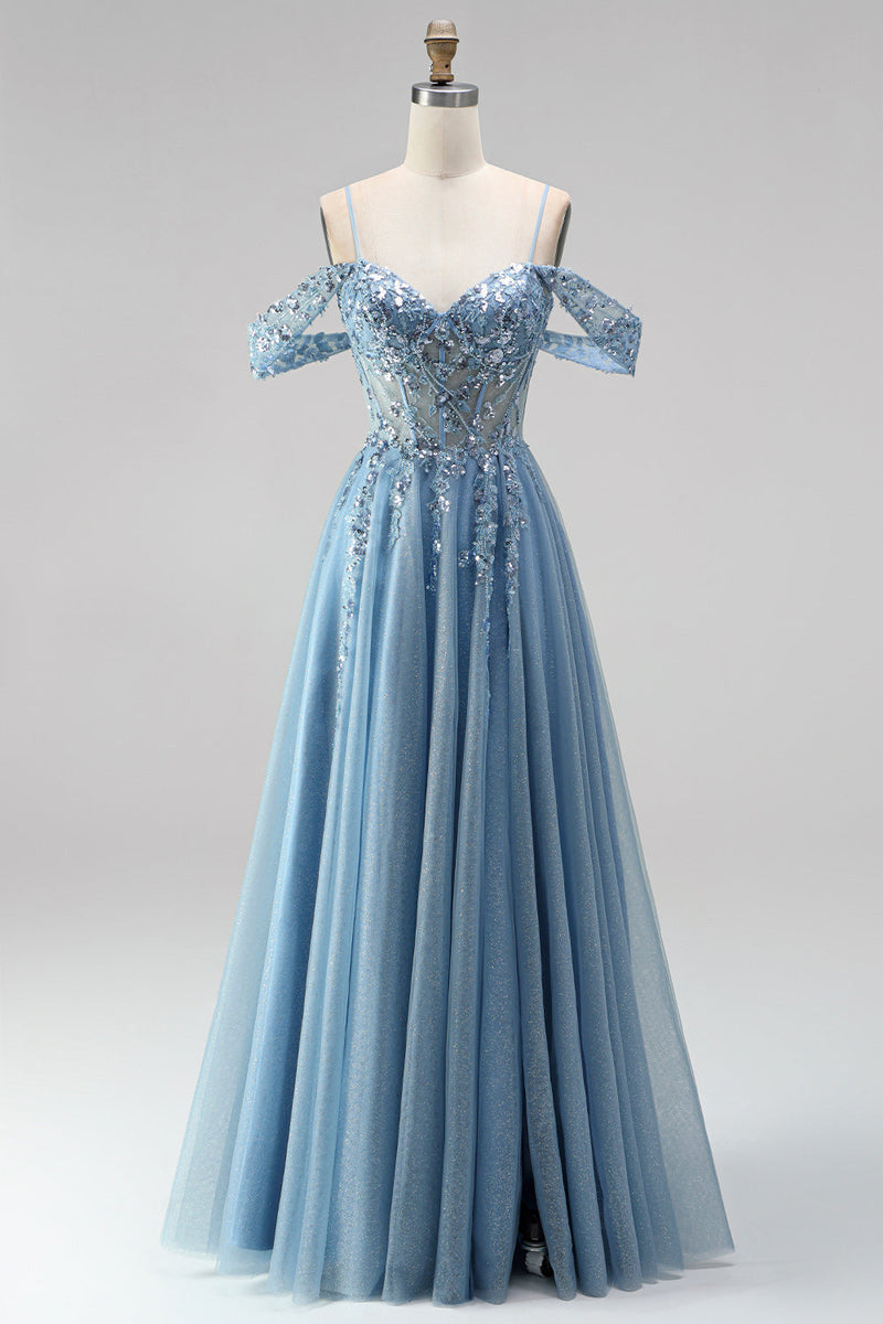 Load image into Gallery viewer, Sparkly Dusty Blue Sequin Appliqued Cold Shoulder A Line Corset Beaded Long Prom Dress
