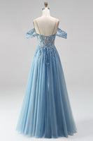 Load image into Gallery viewer, Sparkly Dusty Blue Sequin Appliqued Cold Shoulder A Line Corset Beaded Long Prom Dress