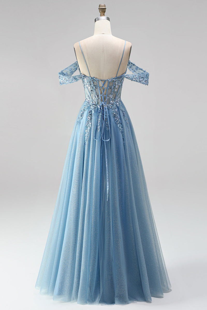 Load image into Gallery viewer, Sparkly Dusty Blue Sequin Appliqued Cold Shoulder A Line Corset Beaded Long Prom Dress
