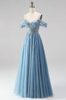 Load image into Gallery viewer, Sparkly Dusty Blue Sequin Appliqued Cold Shoulder A Line Corset Beaded Long Prom Dress