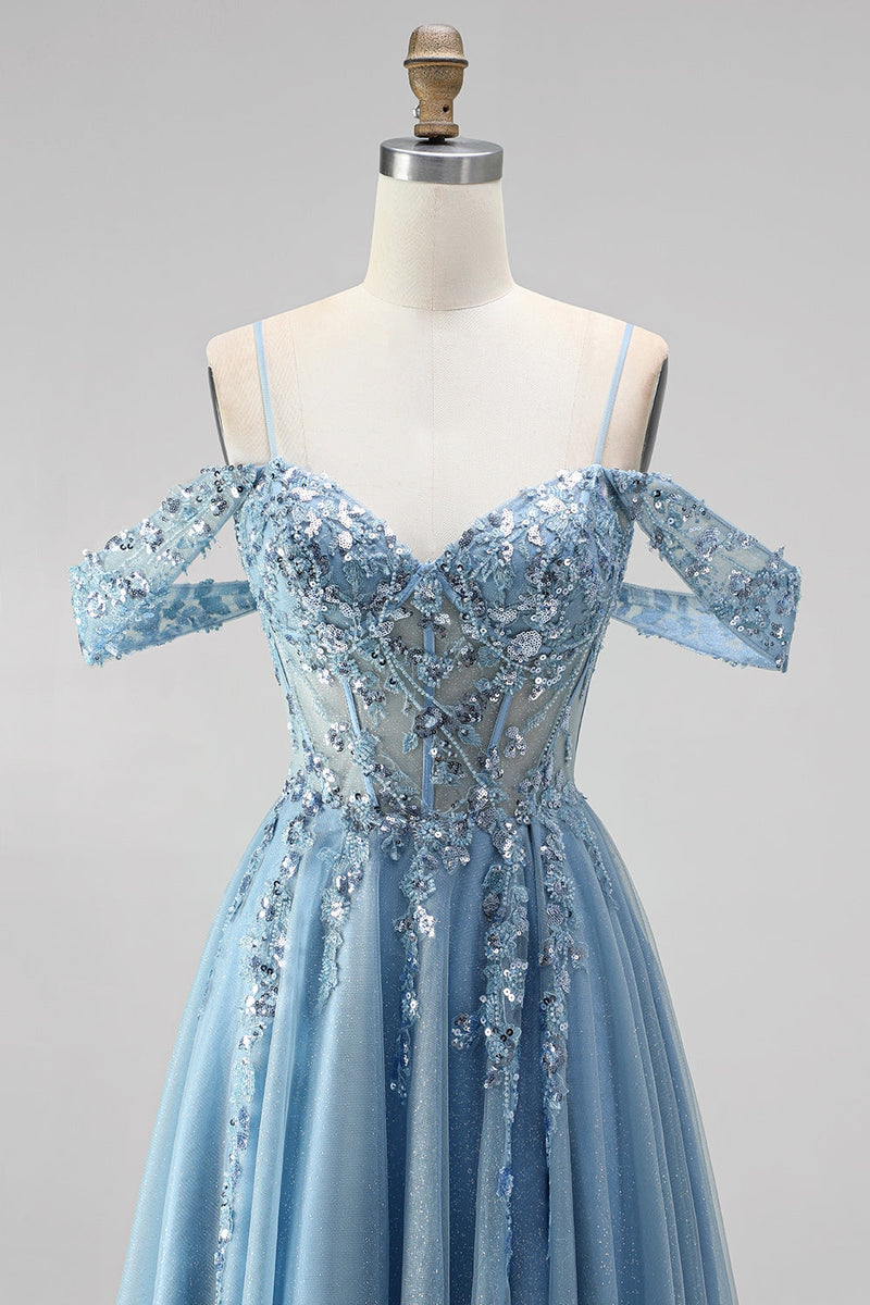 Load image into Gallery viewer, Sparkly Dusty Blue Sequin Appliqued Cold Shoulder A Line Corset Beaded Long Prom Dress