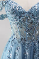 Load image into Gallery viewer, Sparkly Dusty Blue Sequin Appliqued Cold Shoulder A Line Corset Beaded Long Prom Dress