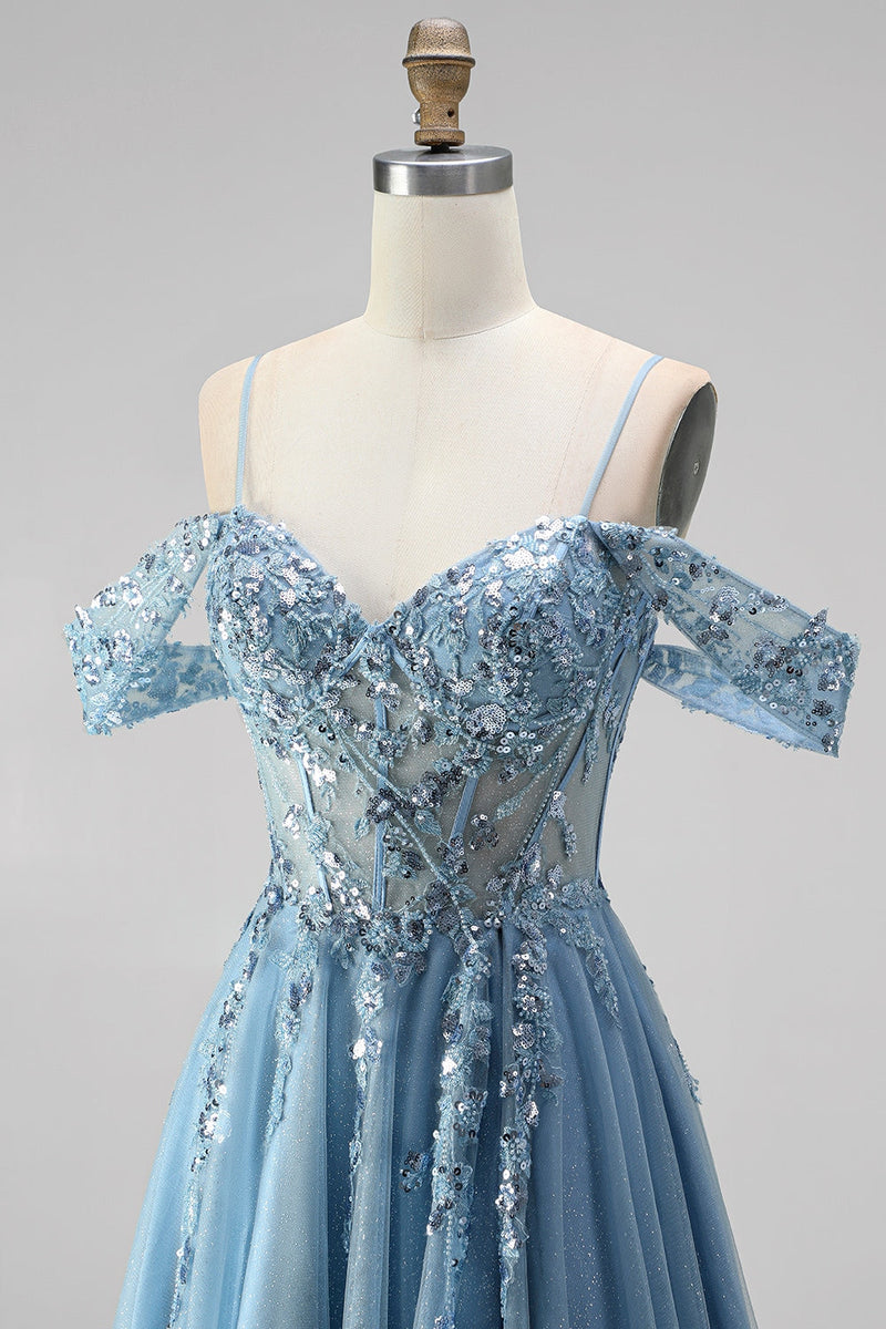 Load image into Gallery viewer, Sparkly Dusty Blue Sequin Appliqued Cold Shoulder A Line Corset Beaded Long Prom Dress