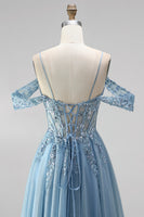 Load image into Gallery viewer, Sparkly Dusty Blue Sequin Appliqued Cold Shoulder A Line Corset Beaded Long Prom Dress