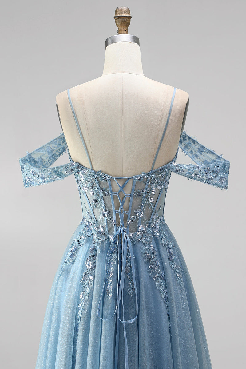 Load image into Gallery viewer, Sparkly Dusty Blue Sequin Appliqued Cold Shoulder A Line Corset Beaded Long Prom Dress