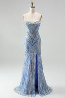 Load image into Gallery viewer, Sparkly Blue Beaded Mermaid Sweetheart Long Sequins Prom Dress with Slit