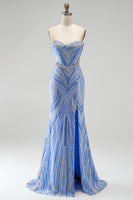 Load image into Gallery viewer, Sparkly Blue Beaded Mermaid Sweetheart Long Sequins Prom Dress with Slit