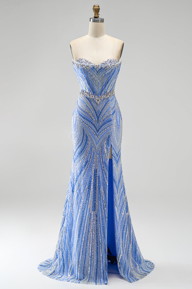 Load image into Gallery viewer, Sparkly Blue Beaded Mermaid Sweetheart Long Sequins Prom Dress with Slit