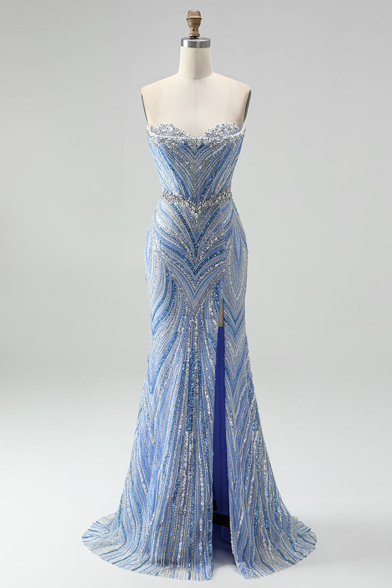 Load image into Gallery viewer, Sparkly Blue Beaded Mermaid Sweetheart Long Sequins Prom Dress with Slit