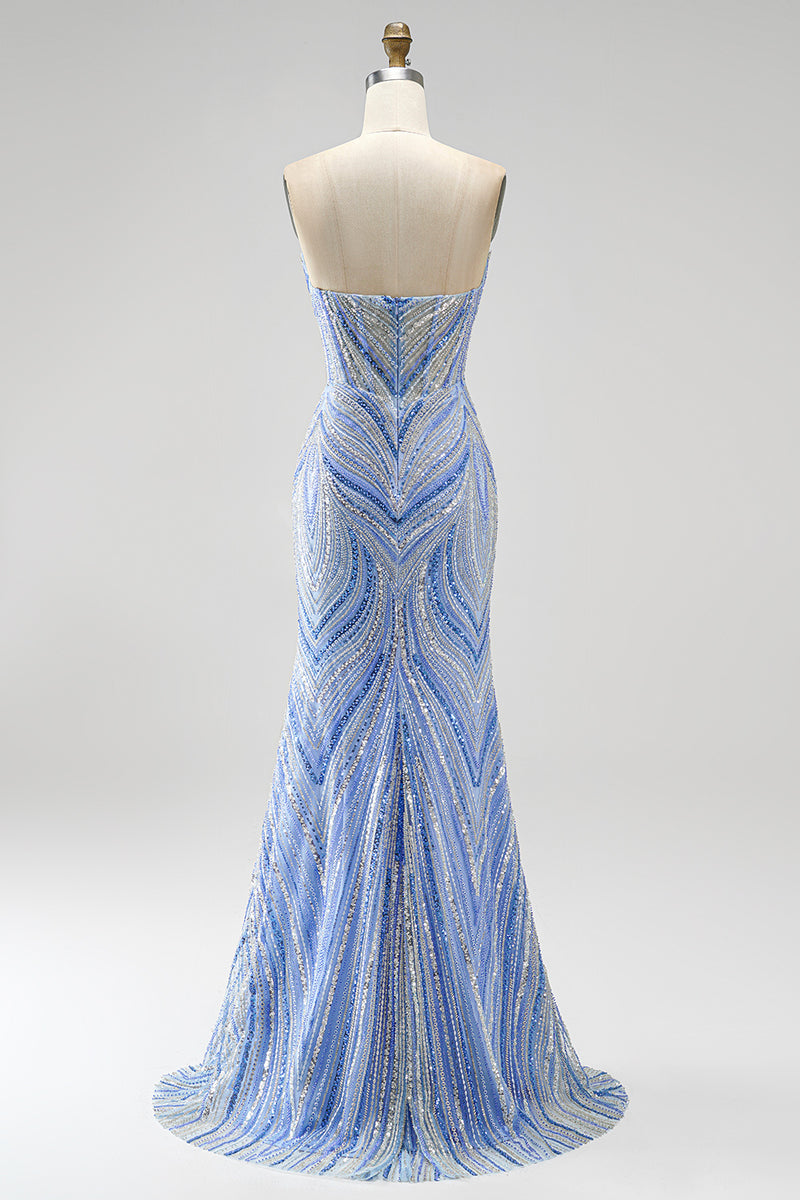 Load image into Gallery viewer, Sparkly Blue Beaded Mermaid Sweetheart Long Sequins Prom Dress with Slit