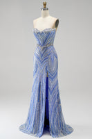 Load image into Gallery viewer, Sparkly Blue Beaded Mermaid Sweetheart Long Sequins Prom Dress with Slit