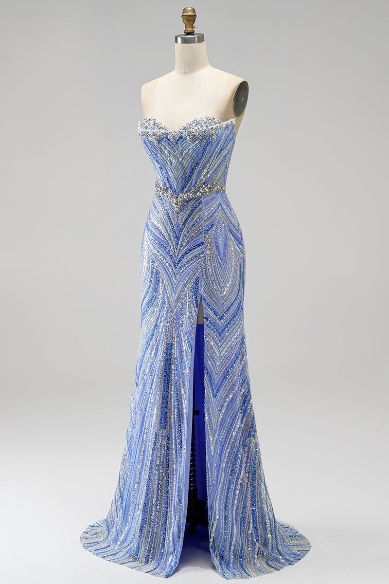 Load image into Gallery viewer, Sparkly Blue Beaded Mermaid Sweetheart Long Sequins Prom Dress with Slit