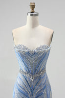Load image into Gallery viewer, Sparkly Blue Beaded Mermaid Sweetheart Long Sequins Prom Dress with Slit